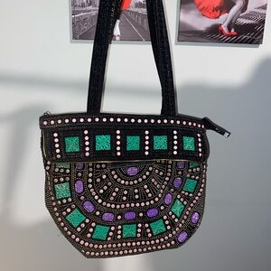 Beaded Black Tote Bag with Green and Purple Accents